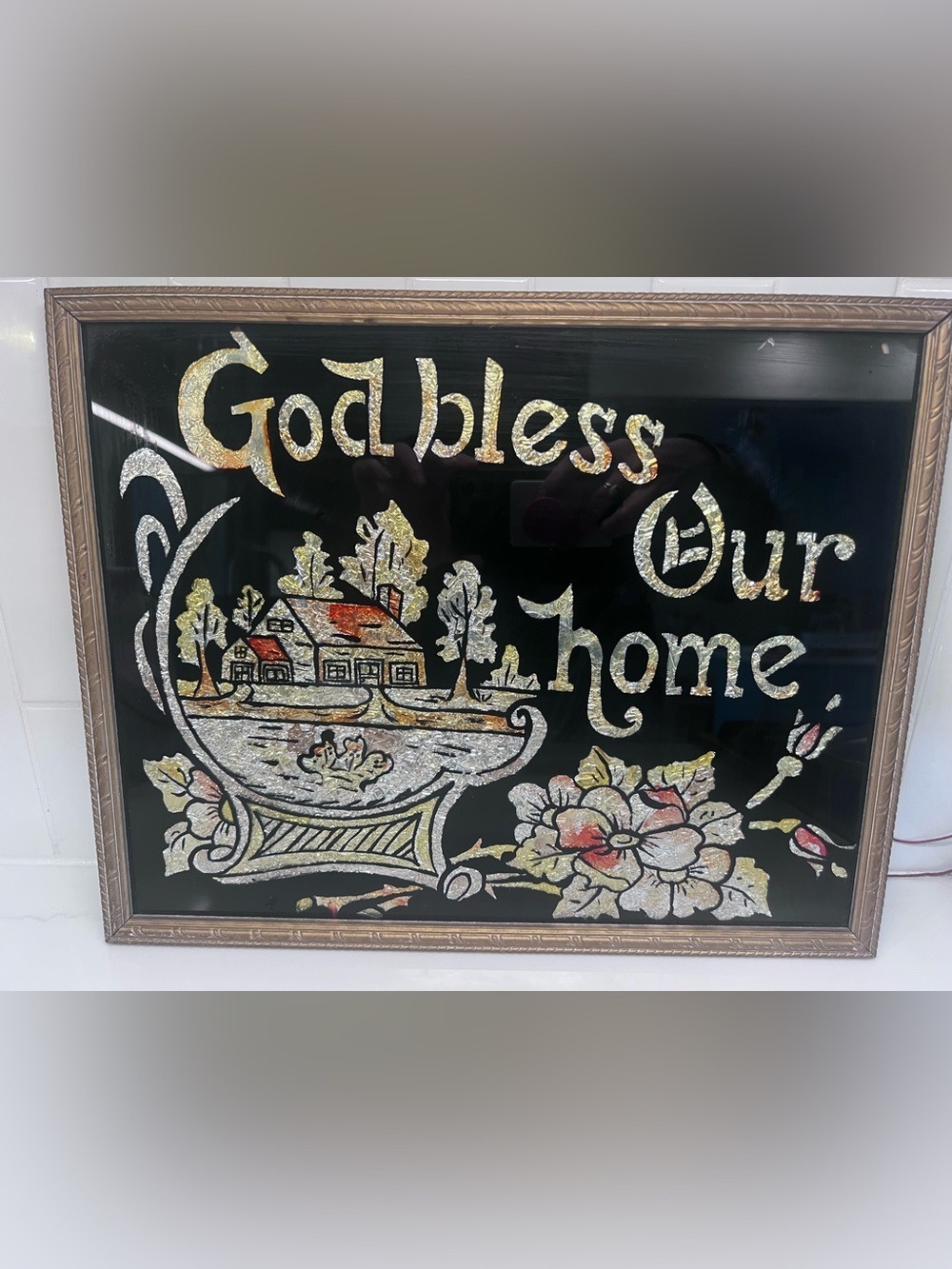 Vintage God Bless Our Home Framed Foil Art